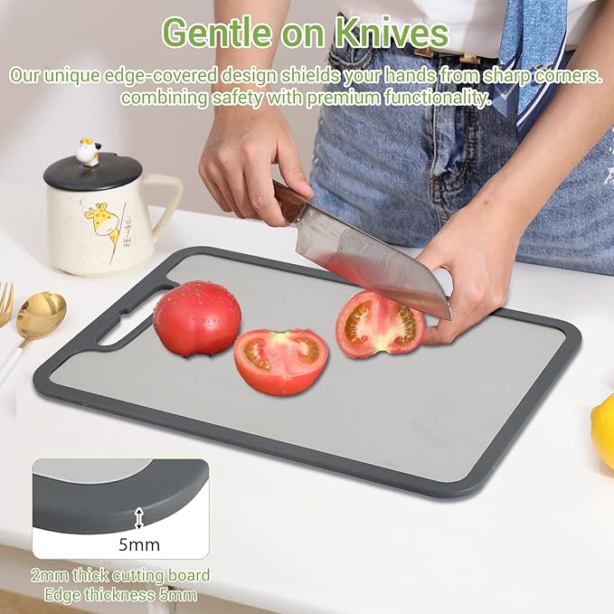 Titanium Cutting Board for Kitchen, 2 Pack, 14.1"x9.7" | 360° Silicone Anti-Slip Edge, Double Sided Food Grade Surface, Non-Toxic, for Raw Meat/Fish/Vegetables/Meal Prep