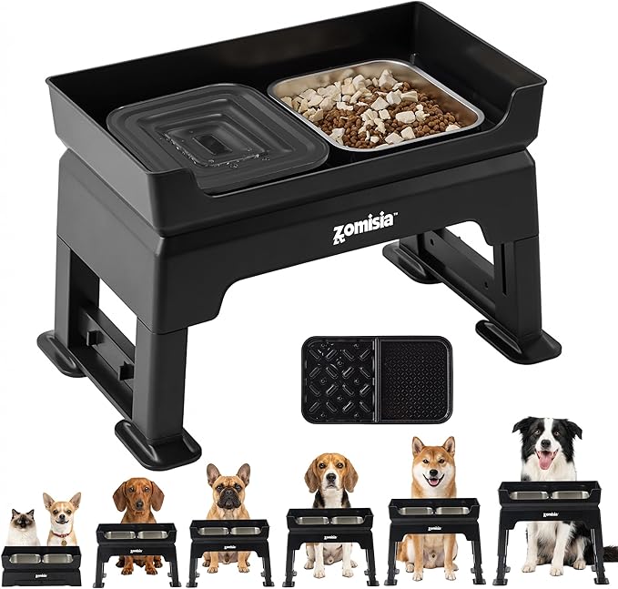 ZOMISIA Elevated Dog Bowls with No Spill Water Bowl, 6 Height Adjustable | 3-in-1 Dog Bowl Stand, Mess Proof Double Deck Design, 2 Stainless Steel Bowls, Licking Plate, For Small Medium Large Pets