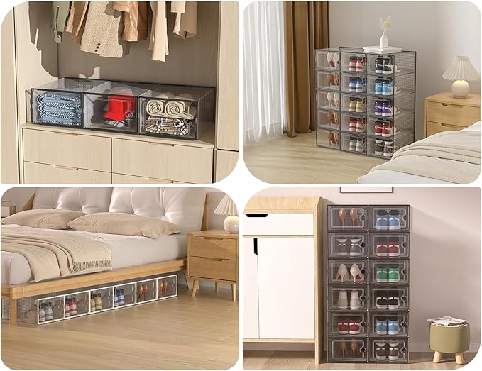 Kuject XX-Large Shoe Storage Boxes Organizers Clear Plastic Stackable 12 Pack, Shoe Rack & Holder Substitute, Sneaker Containers, Shoe Storage Organizer Bins for Closet, Under Bed,White(No Fold Line)