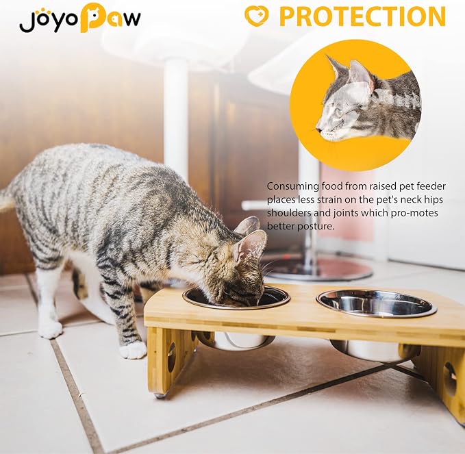Elevated Dog Bowls, Bamboo Raised Dog Bowl for Small Dogs & Cats, with 2 Stainless Steel Bowls (4'' Tall-20oz Bowl)