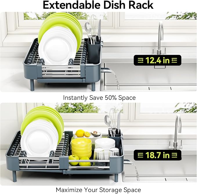 Urackify Stainless Steel Dish Drying Rack - Dish Drainer for Kitchen Counter, Extendable Drainboard with Foldable, Space-Saving Cup & Bowl Organizer, Includes Knife and Utensil Holder, Matte-Green