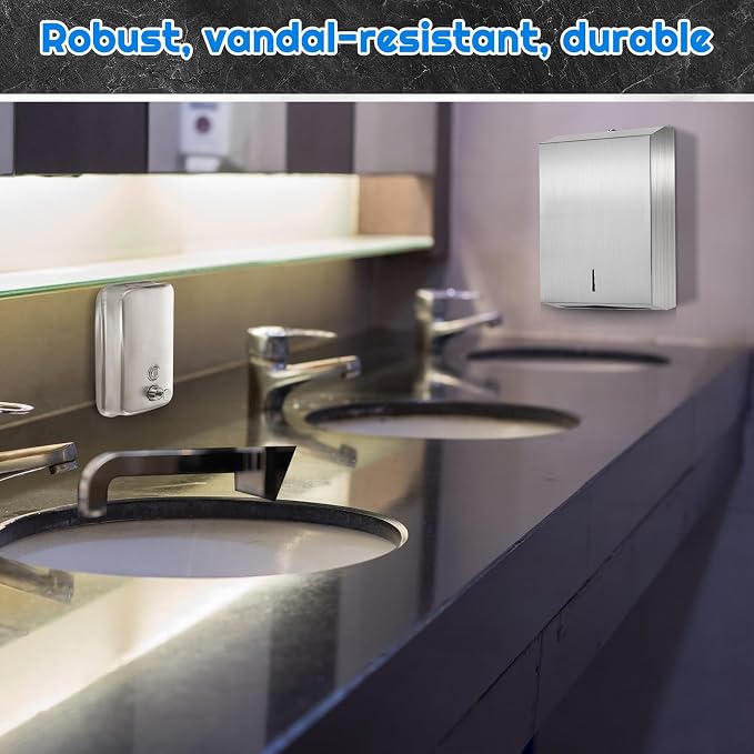 4 Pcs Commercial Soap Dispenser and Paper Towel Dispenser Set with Lock-Stainless Steel,Wall Mount,Large Capacity Manual Liquid Pump Rust Proof Leak Free for Home Bathroom (500 ml,Style 2)