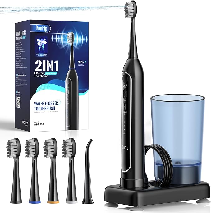 Electric Toothbrush with Water Flosser Combo for Teeth Brushing & Flossing, Sonic Electric Toothbrush for Adults, Cordless Water Flosser for Home & Travel, Portable Travel Case Included