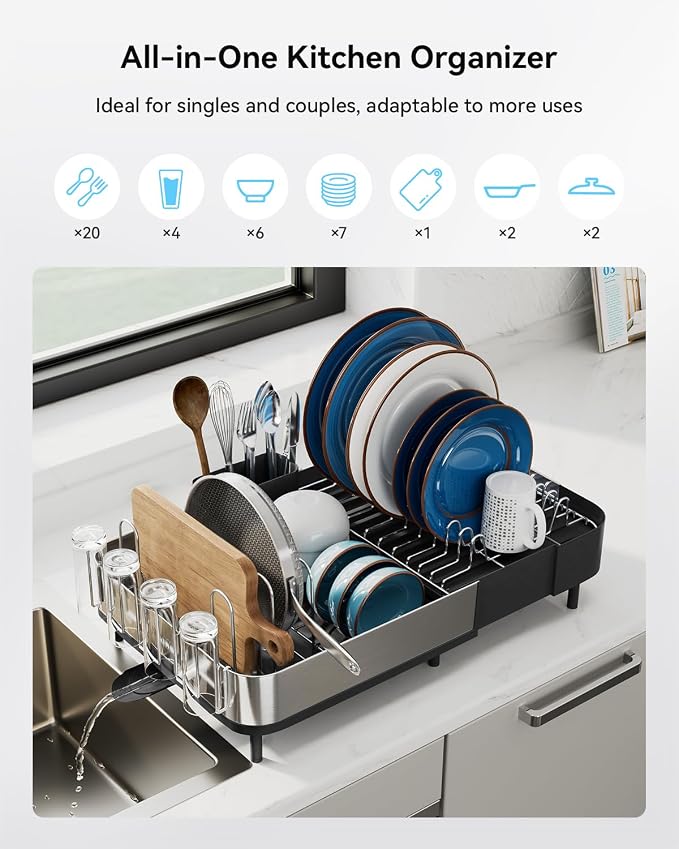 Dish Drying Rack, Expandable 304 Stainless Steel Kitchen Organizer, Black | 304 Stainless Steel for Rust Resistance, Auto-Drainage for a Dry Countertop, Flexible Storage for Dishes, Pans & Utensils
