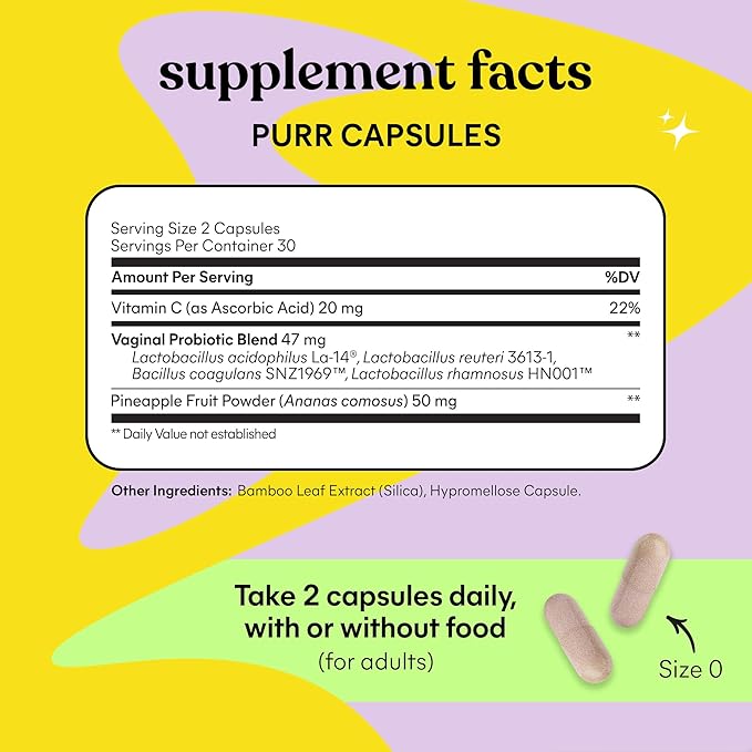 Lemme Purr Vaginal Probiotics for Women - Promotes pH Balance, Healthy Vaginal Odor & Urinary Tract Health w/Lactobacillus Blend, Clinically Tested Strains, Pineapple & Vitamin C - 60 Veggie Capsules