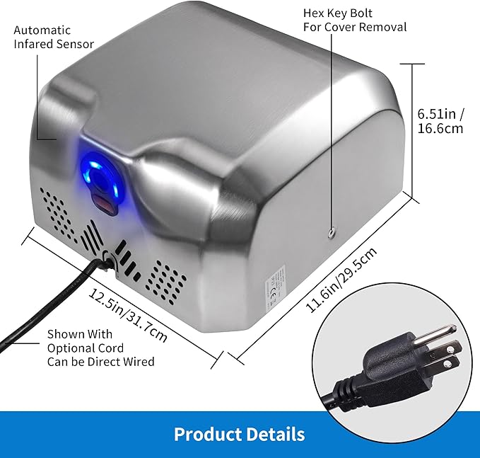 Goetland Stainless Steel Commercial Hand Dryer 1800w Automatic High Speed Heavy Duty Dull Polished Pack of 2