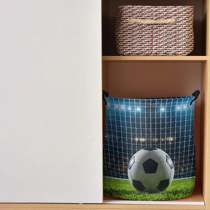 Collapsible Laundry Basket 60L, Football Storage Bin Laundry Hamper with Handles, Soccer Ball Sports Net Mesh Evening Match Waterproof Clothes Baskets for Bathroom/Bedroom 16.5 x 17 In