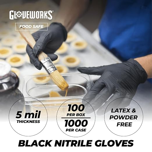 GLOVEWORKS Black Nitrile Gloves for Cooking, Food Prep, Disposable, 5 Mil, For Professional Cleaning, Large, Case of 1000