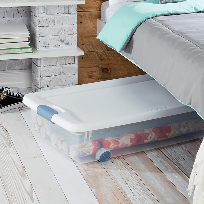 Sterilite 8-Pack Wheeled Latching Box, Plastic Under Bed Storage Bins with Lids, 56 Quart - Large Clear Stackable Tote Organizer Containers for Closet, Bedroom, Bathroom, and Office Organization
