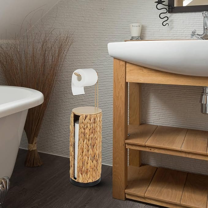Freestanding Toilet Paper Holder with Storage,3 Rolls of Tissue Holder for Bathroom,Handmade Woven Toilet Paper Roll Holder Stand,Water Hyacinth Boho Bathroom Decor Farmhouse Toilet Paper Storage
