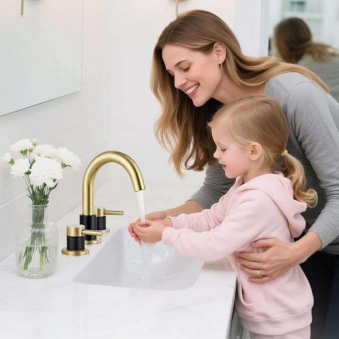 Bathroom Faucet 3 Hole, Brushed Gold and Black Bathroom Sink Faucet with Pop Up Drain, 8 inch Widespread Bathroom Faucet with 360° Swivel Spout, 2 Handle Vanity Faucet with Water Supply Hoses