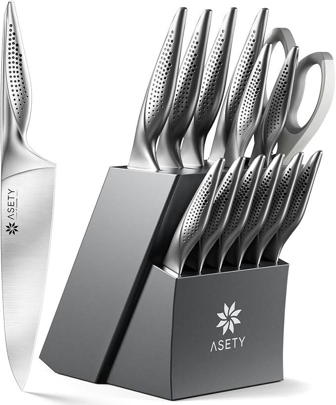 ASETY Knife Block Set, 15 PCS Knives Set for Kitchen, Stainless Steel | Ultra Sharp Kitchen Knife, Full Tang One-Piece Knife Set with Built-in Sharpener, Ergonomic Non-Slip Handle, Elegant Box