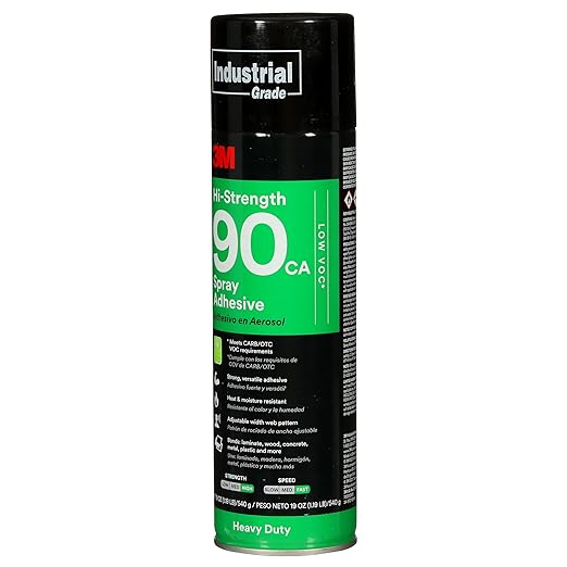 3M Hi-Strength 90 CA Spray Adhesive, Low VOC, Permanent, Bonds Laminate, Wood, Concrete, Metal, Plastic, Clear Glue, Net Wt 19 oz