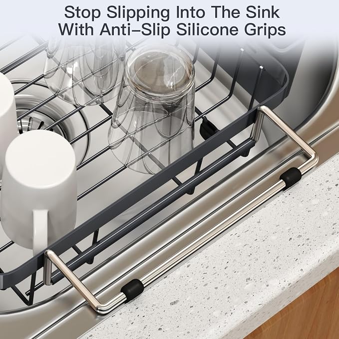 Grey Dish Drying Rack Over The Sink with Utensil Holder, Mat | Expandable Stainless Steel Dish Drainer for Small Kitchen, Apartment, RV, Counter Space Saving, Perfect Fit, Rustproof