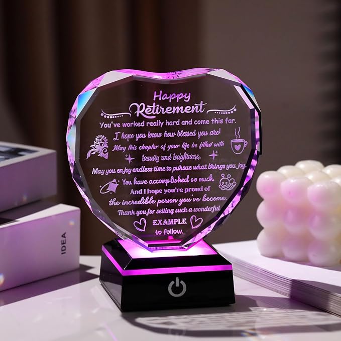 Happy Retirement Gifts for Women Men Crystal Plaque & Keepsake with LED Base Heartfelt Farewell Retired Presents for Boss Colleagues Coworkers Friends