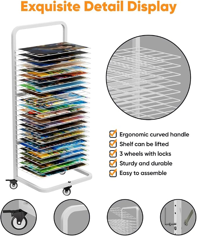 Art Drying Rack with 25 Removable Shelves, Mobile Metal Paint Drying Stand with Lockable Wheels, Functional Canvas Rack Art Storage for Artwork in Classrooms, Art Studios and Schools, White