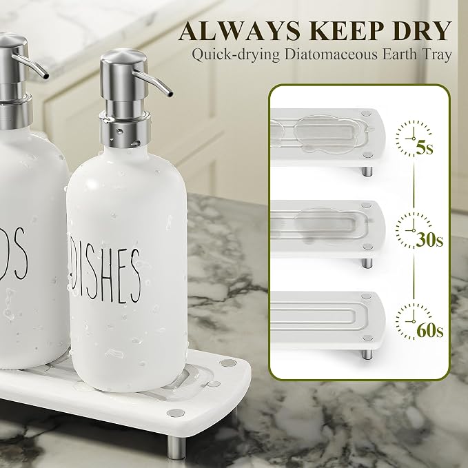 Cisily Housewarming Gifts New Home Basket, Kitchen Soap Dispenser Set Comes with Ceramics Sponge Holder, Silver Stainless Steel Pumps, and Instant Dry Tray, Hand and Dish Soap Dispenser Set