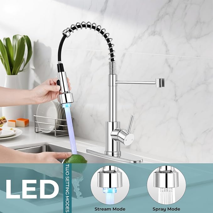 Kitchen Faucet with LED Pull Down Sprayer Chrome | 2-mode sprayer, 360° high arc spout, 304 SS build, drip-free valve, fingerprint-resistant, DIY install, 500K cycle tested