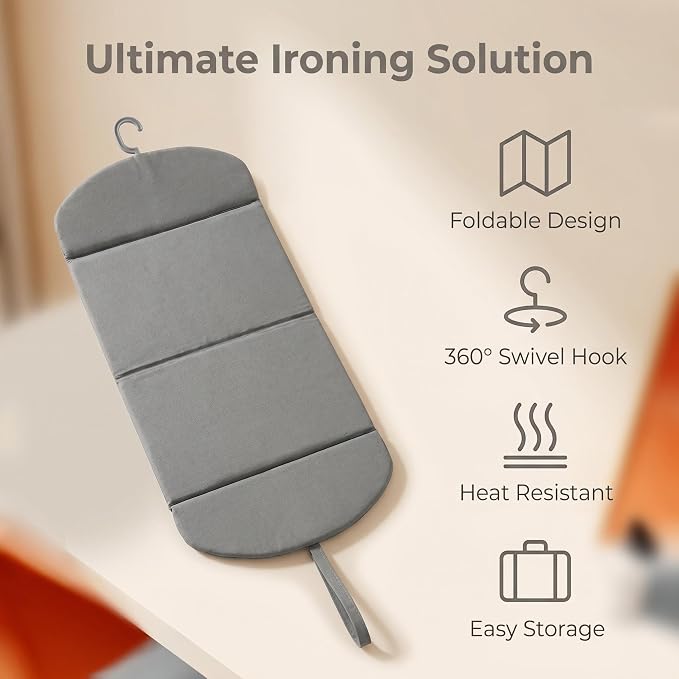 Foldable Hanging Ironing Board with Hook, 36x16 in, Gray | Wrinkle-Free Anywhere — Foldable Heat-Resistant Steamer Pad with Hook, 36x16", Portable for Home & Travel