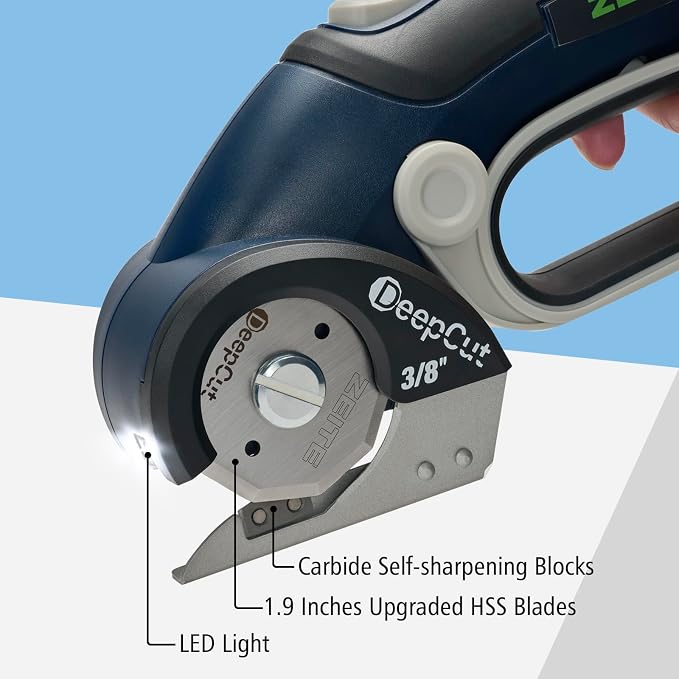 ZEITE Deepcut 3/8" Electric Cardboard Cutter,Cordless Scissors with LED Light,Storage Box,Rechargeable Powerful Rotary Box Cutter with 2 Blades for Thick Cardboard, Fabric, Carpet, Leather