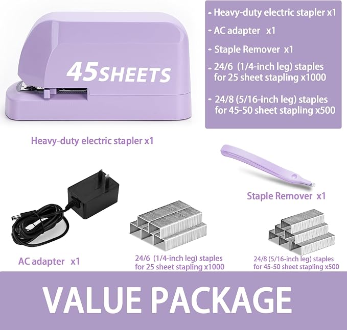 Heavy Duty Electric Stapler Value Pack, 45 Sheet Capacity, Includes 1500 Staples & Staple Remover, No-Jam, Faster Stapling, Automatic Stapler Desktop,AC Adapter Powered (Purple)