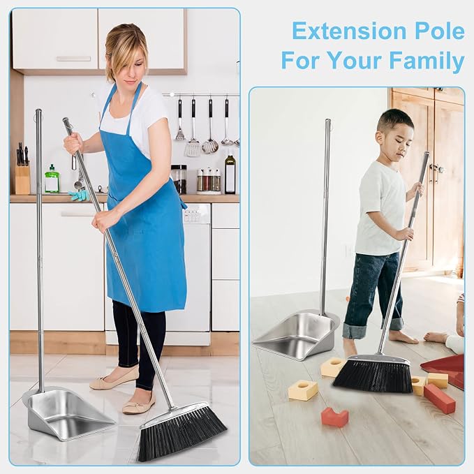 VOOWO Heavy Duty Broom and Dust pan Set, Stainless Steel Broom and Dustpan Set with Long Handle, Broom with Dustpan Set for Home Standing Dust Pan Indoor Outdoor Brooms Dustpan