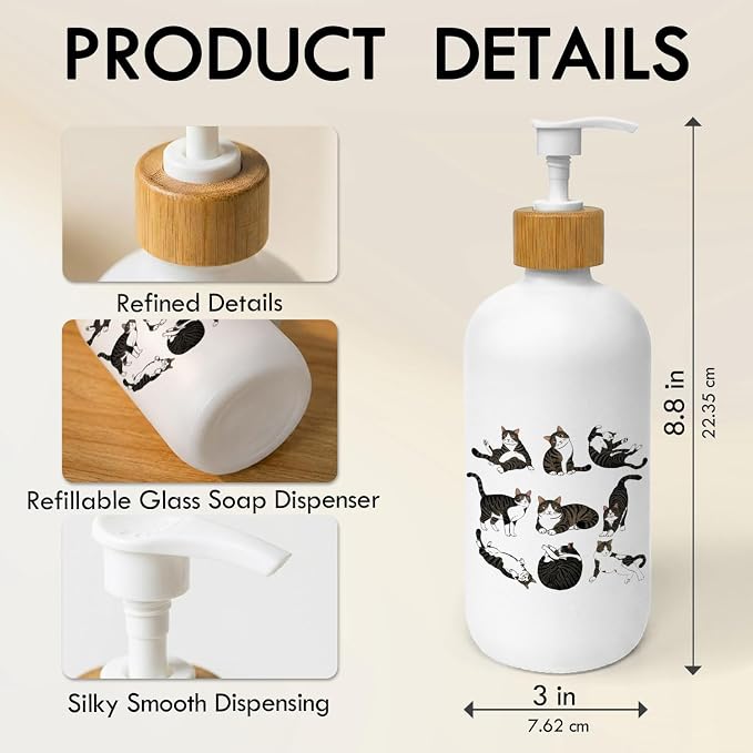 Tabby Cat Gifts Soap Dispenser, Cat Lovers Owners Mom Dad Gifts Glass Dish Soap Dispenser for Kitchen, Cute Tabby Kitten Refillable Handsoap Pump Bottle for Bathroom Countertop
