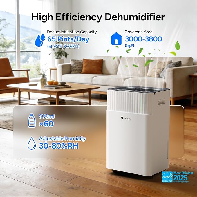 DR.PREPARE 3800 Sq.Ft Energy Star Dehumidifier, Max 65 Pints, Smart Dehumidifier with App/Wi-Fi for Basement, Bedroom with Drain Hose, Intelligent Humidity Control, Dry Clothes, Sleep Mode, 24H Timer