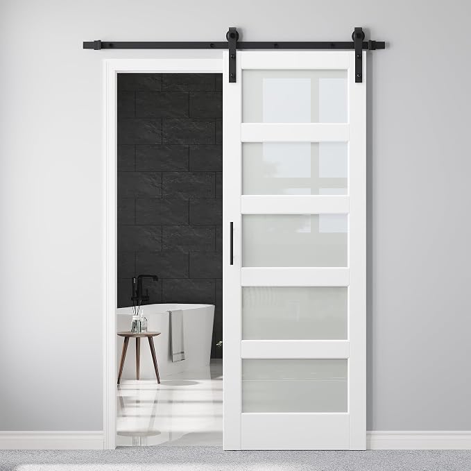 30" x 84" 5-Lites Frosted Glass Sliding Barn Door with 6FT Sliding Door Hardware Kit, Easy Assembly for Mortise and Tenon Structure, Water & Scratch Resistant MDF Barn Doors for Bathroom, Pre-Drilled