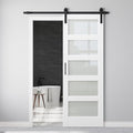 30" x 84" 5-Lites Frosted Glass Sliding Barn Door with 6FT Sliding Door Hardware Kit, Easy Assembly for Mortise and Tenon Structure, Water & Scratch Resistant MDF Barn Doors for Bathroom, Pre-Drilled