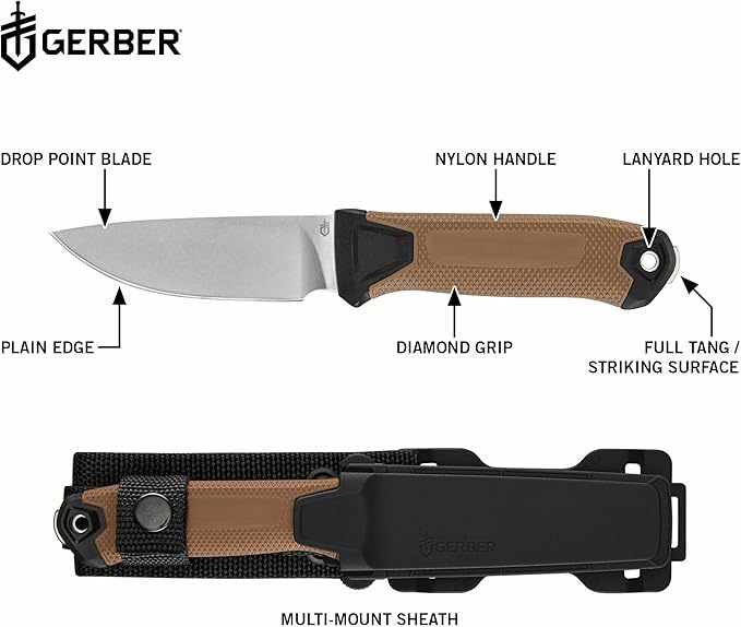 Gerber Gear StrongArm Camp Magnacut - Fixed Blade Survival Tactical Knife for Camping, Outdoor, Hunting - Ergonomic Ambidextrous Utility Tool - Made in USA - Coyote Brown