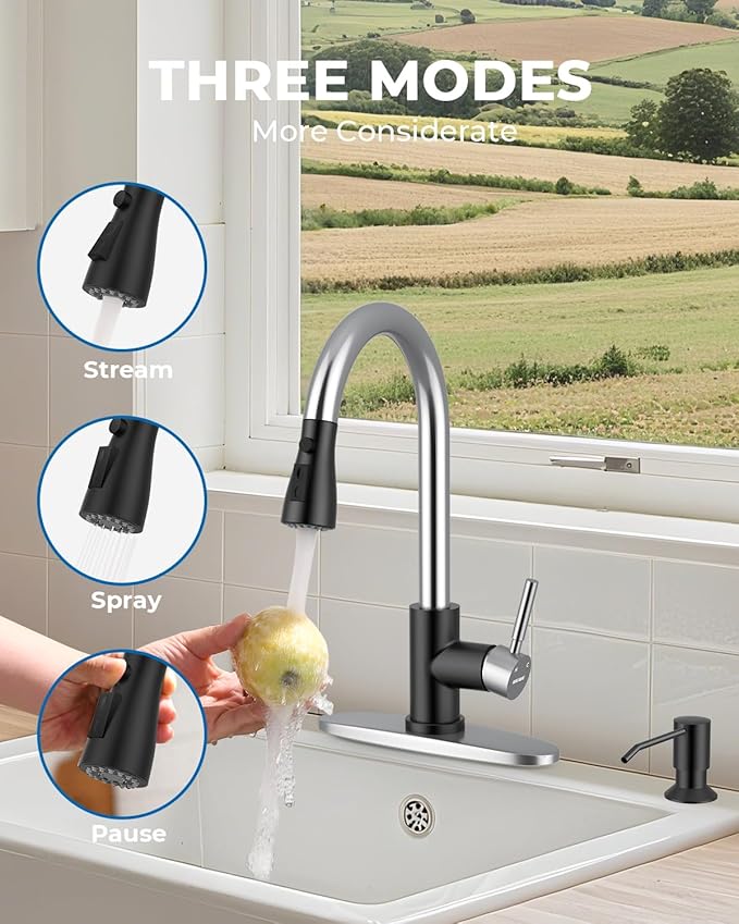 WEWE Kitchen Faucet with Soap Dispenser and Pull Down Sprayer, RV Single Handle Classic 3 Modes Stainless Steel Faucet for Kitchen Sink, RV, Black and Polished Chrome