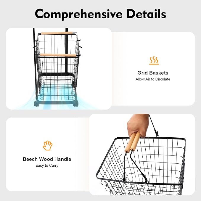2 Tier Laundry Basket, Removable Metal Wire Laundry Cart with 4 Universal Wheels Rolling Laundry Basket Floor Standing Clothing Garment Sorting Hamper Organizer Load Bearing Capacity 88.18 lbs (Black)