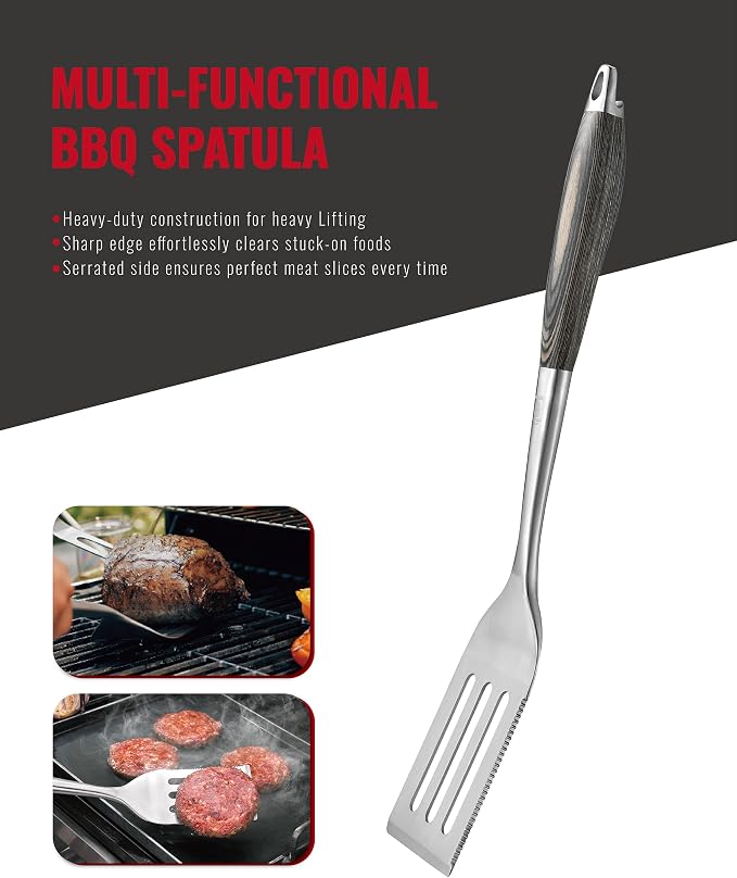 Grilaz Stainless Steel BBQ Tool Set with Veined-Dyed Wooden Handles | Heavy Duty Grilling Accessories | 3-Piece Outdoor Barbecue Grill Utensil Set with Spatula, Fork, and Tongs - Ideal Gift for Men…