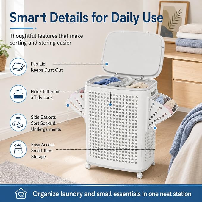 Laundry Hamper with Wheels, 70L/18.5Gal Large Capacity Collapsible Laundry Basket, Portable Rolling Laundry Bin with Lid & Handle, Side Hanging Baskets for Bedroom, Bathroom, Dorm (White)