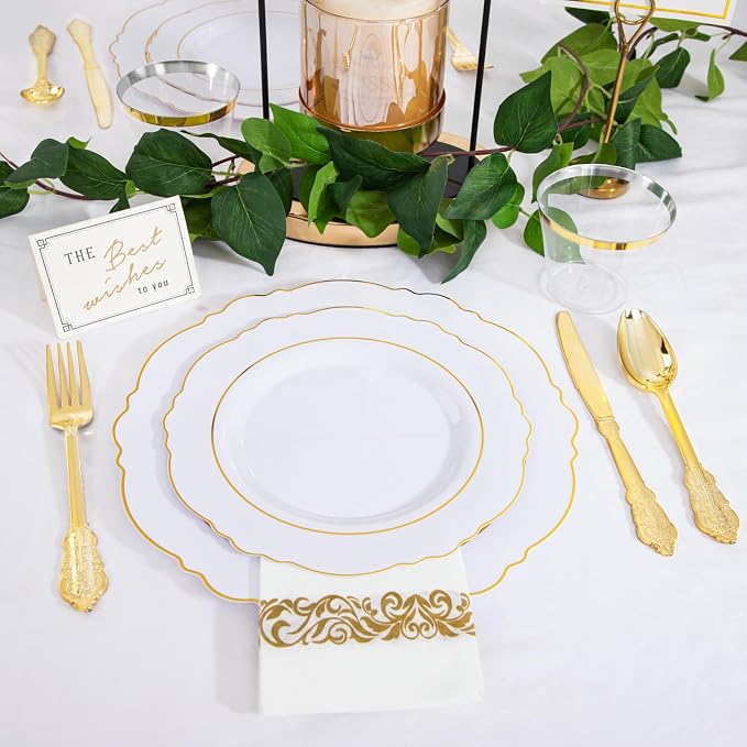 WDF Partyware 350 Pieces Gold Disposable Plates for 50 Guests, Plastic Plates for Party, Dinnerware Set of 50 Dinner Plates, 50 Salad Plate, 50 Spoons, 50 Forks, 50 Knives, 50 Cups for Wedding/Party
