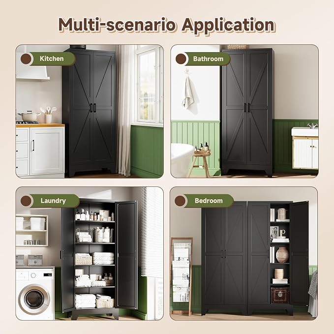 75" H Metal Storage Cabinet with 2 Doors and 4 Shelves,Tall Kitchen Pantry Cabinets,Farmhouse Utility Pantry Organizers for Cupboard/Dining/Bathroom/Home Office/Garage Room,Black