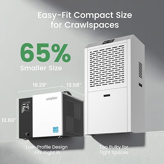 Waykar 70 Pint Energy Star Crawl Space Dehumidifier with Drain Hose for Basements, Commercial & Water Damage Spaces up to 5000 Sq. Ft., Compact, Strong Dehumidification, 5-Year Quality Coverage