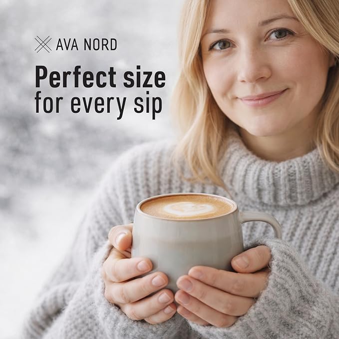 Ava Nord Large Stoneware Ceramic Coffee Mugs Set of 4 | 16 oz | Sage Ash | Lead-Free, Non-Toxic, Freezer - Microwave & Dishwasher Safe, Comfortable Handle, Aesthetic Nordic Design for Latte, Tea