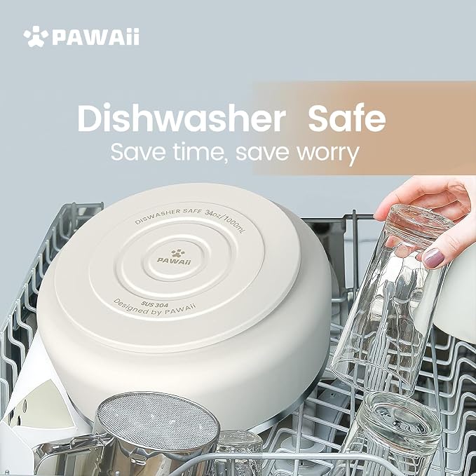 Pawaii Dog Bowl, 34 oz Stainless Steel Food and Water Bowl, ID Tag, 1 Pack | Double-Wall Design,Non-Slip Rubber Base,Dishwasher Safe,Smooth Open Design, Not a Slow Feeder,Easy-Rinse Interior