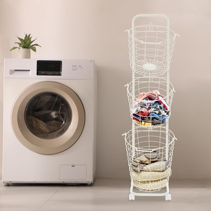 3 Tiered Storage Basket Laundry Basket with lockable Wheels,White | Ru-stpr-oof Metal Storage Cart,Easy Assembly, Load 33lb, Removable Wire Basket Organizer for Laundry Kitchen Market Bathroom