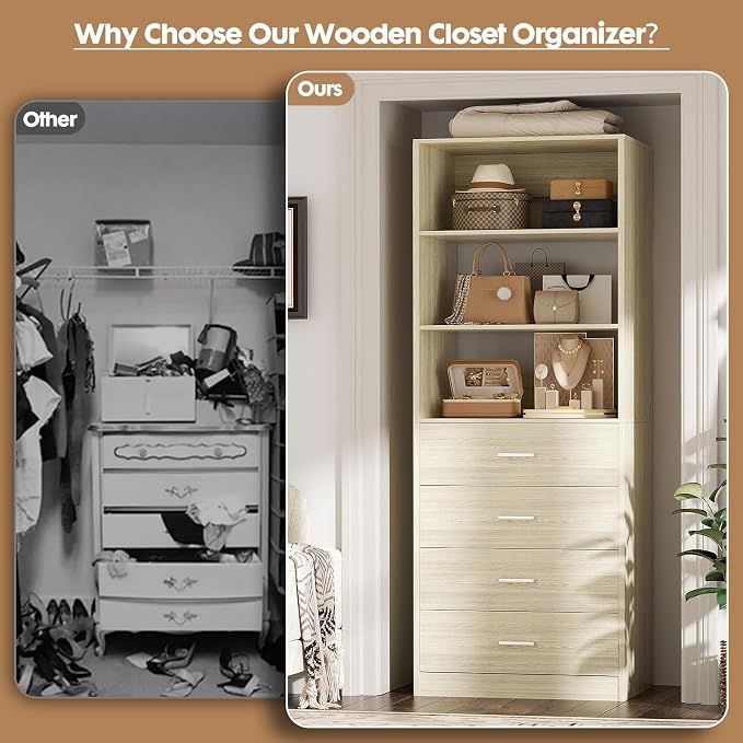 Aheaplus Wood Closet Organizer System with 4 Drawers, Modular Walk-in Closet Storage Unit, Small Closets Wardrobe Rack, Tall Storage Cabinet Unit, White Oak