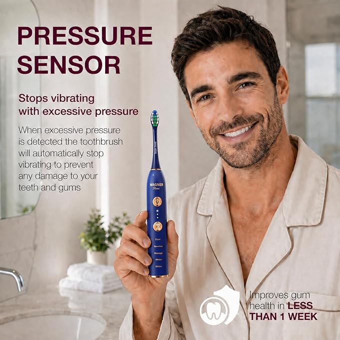 Wagner Stern WHITEN+ Electric Toothbrush, 48,000 VPM, Pressure Sensor, 5 Modes, 8 Brush Heads, Travel Case
