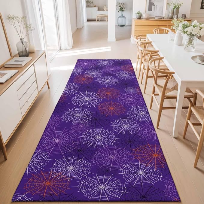 Hallway Runner Rug 2'x6', Purple Halloween Washable Bathroom Area Rugs for Kitchen Bedroom Laundry, Red Black White Net Halloween Non Slip Door Mat Indoor Entrance Floor Throw Bedsides Carpet