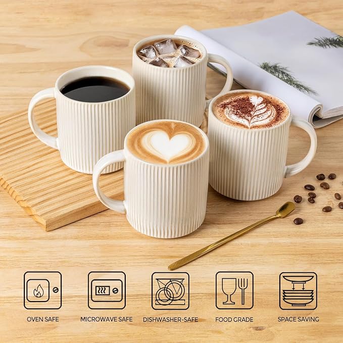 theterra Ceramic Coffee Mugs Set of 4, 14.2oz Handmade Coffee Cups with Handle for Latte, Tea, Milk, Beer, Hot Cocoa, Reactive White