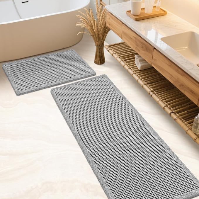 IM HOME Waffle Bath Mat Set 2 Piece Light Grey,Woven Modern Bath Rug Mats, Absorbent Non Slip Bath Floor Mat, Soft Washable Boho Bath Rugs with Tassels for Bathroom, Bedroom, Kitchen,Tub