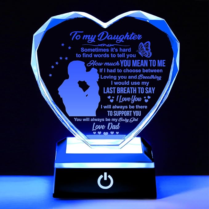 ZHSHWAT Daughter Gifts, K9 Crystal Heart with Color-Changing Base - Lifetime Gift from Dad to Daughter, Birthday Graduation Present, Elegant Gift Box