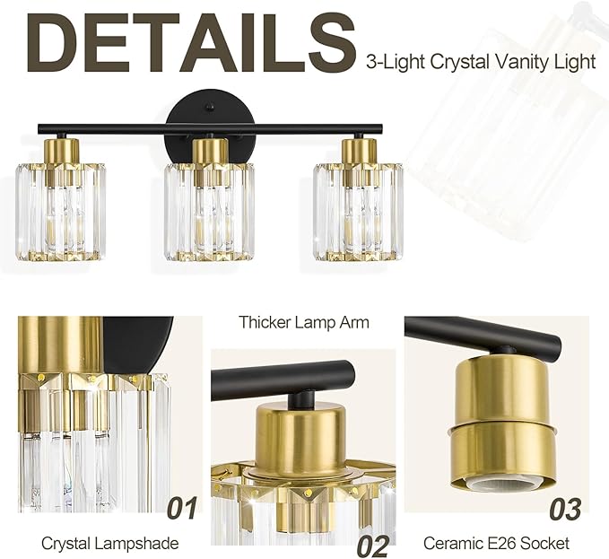 Crystal Bathroom Light Fixtures, Bathroom Lighting Fixtures Over Mirror, Modern Black Gold 3-Light Vanity Lights for Mirror, Restroom, Bedroom (Ceramic E26 Socket,Bulbs Not Include)