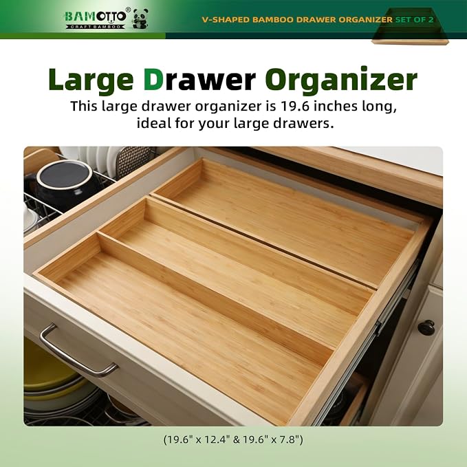 BAMOTTO CRAFTBAMBOO V-Shaped 2-Pack 19.6" Long Bamboo Drawer Organizer Box - Easy Reach Kitchen Utensil Flatware Silverware Cooking Tools Storage for Home Bedroom Bathroom (19.6"x12.4"/19.6"x7.8")
