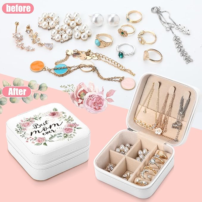 Kacctyen 12 Pieces Best Mom Ever Mini Travel Jewelry Case Bulk Mother's Day Church Gifts Watercolor Flowers Women Party Favor Gift for Secretary Girls Leather Travel Jewelry Case